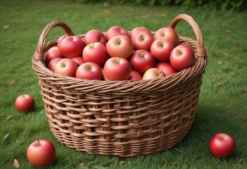 A wicker basket filled with freshly picked red apples, accompanied by green leaves, placed on a wooden table with a soft cloth.
