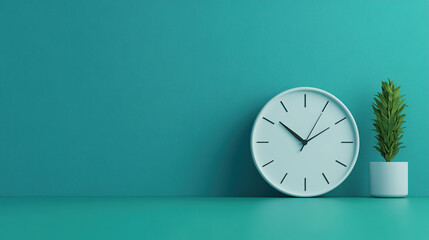 A white analog clock with black hands against a turquoise wall with a small green plant in a white pot.