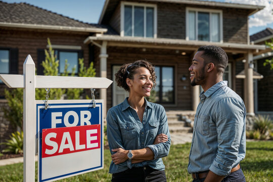 African American couple standing in front of a "For Sale" sign. African American couple buys a private house. They are smiling and looking at the sign