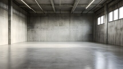 An empty warehouse with polished concrete floors and walls, showcasing ample copy space for text or graphics