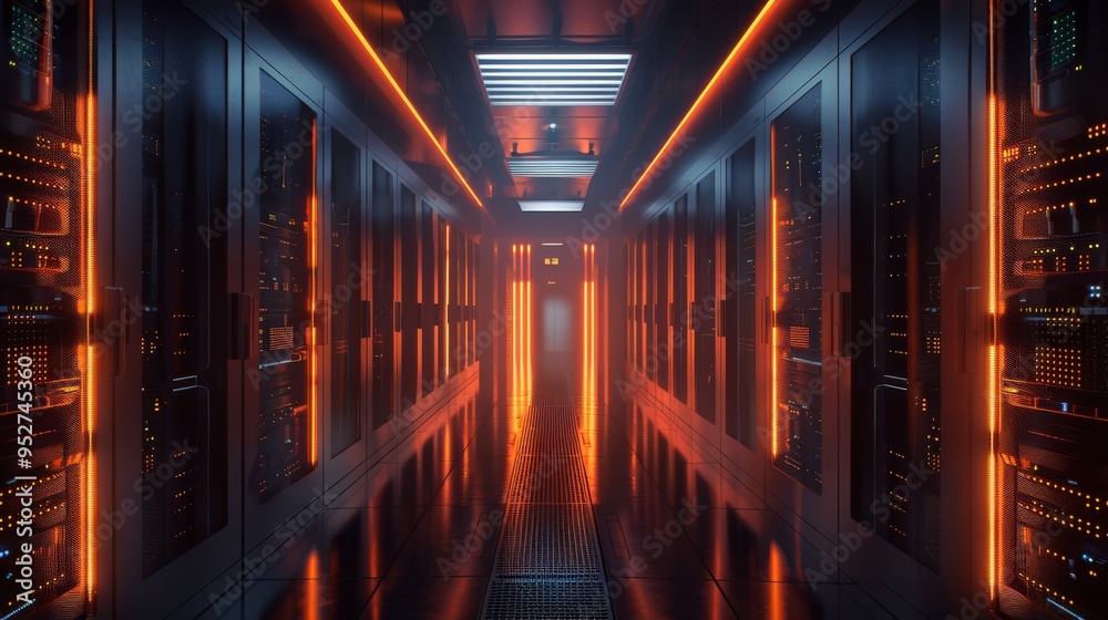 Fototapete spacious data center corridor with multiple server racks and ambient lighting