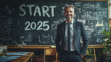 A business man in a suit standing with a happy face next to "START 2025" written in large letters on the blackboard in the office hall.․