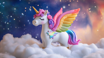 Naklejka premium A white unicorn with rainbow wings and a star on its side stands on clouds against a backdrop of stars and a colorful galaxy.