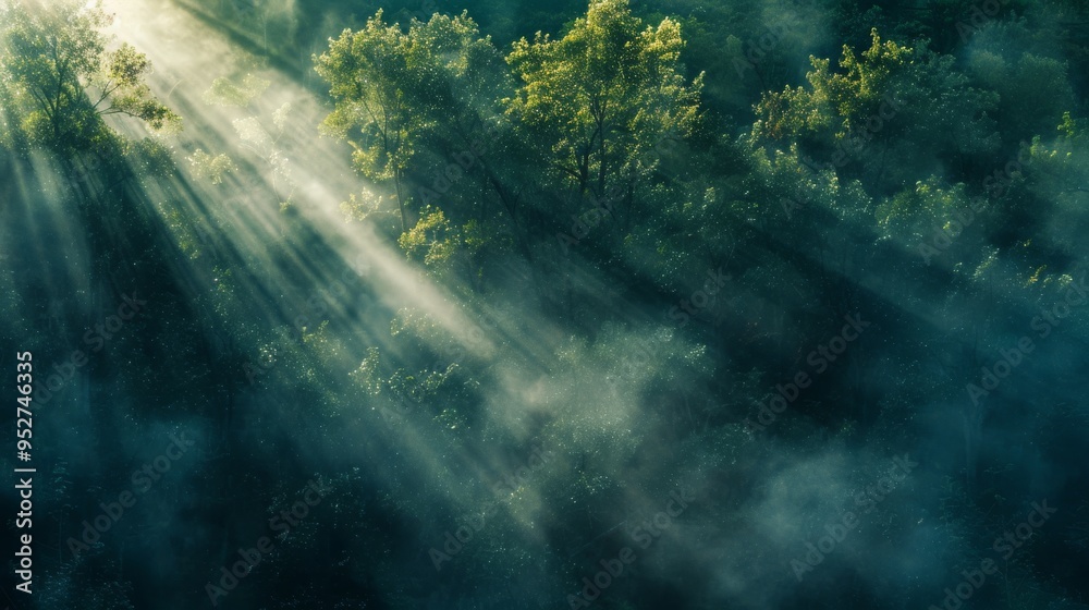 Poster sun rays filtering through dense morning fog in a forest