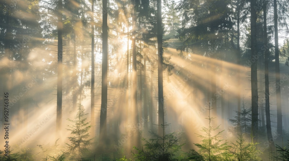 Poster sun rays filtering through dense morning fog in a forest