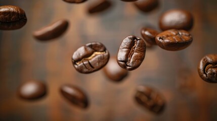 Fototapeta premium Suspended coffee beans with soft shadows and a rustic backdrop