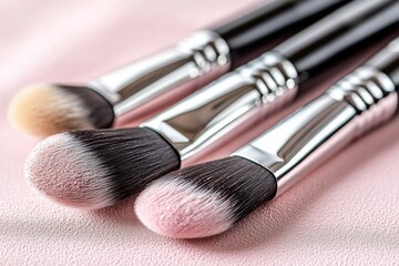 Close-up of makeup brushes on pink surface
