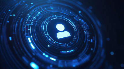 Abstract futuristic digital background with a glowing white user icon at the center, surrounded by concentric circles.