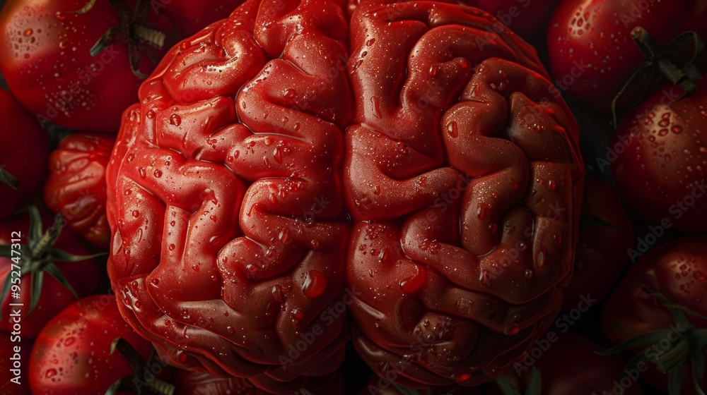 Aufkleber Tomato brain with red hues and realistic brain patterns
