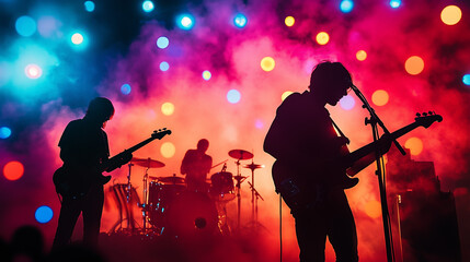 Live Concert Band Silhouetted on Vibrant Stage. Silhouetted musicians playing at a vibrant live concert, ideal for music-related promos and event flyers.