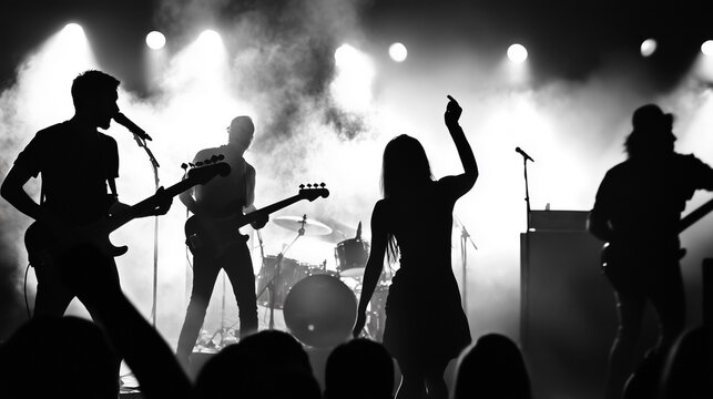 Silhouette of Band Performing on Stage. Silhouetted band performing on stage at a live concert with smoke and stage lights.