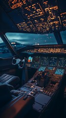 An interior view of a commercial airplane cockpit, featuring the pilot's seat and control yoke with a soft light solid color backdrop
