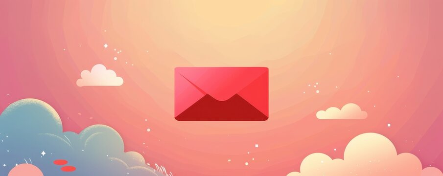 Red envelope floating gently among clouds in a beautiful sunrise or sunset sky, representing communication, email, and messages.