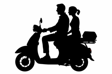 silhouette of a couple sitting on the scooter vector