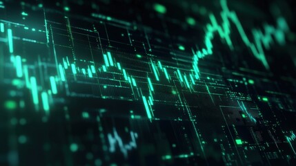 Dynamic financial data visualization with intricate line graphs and glowing green lines on a dark background.