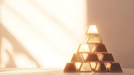 A stack of gold bars gleaming under soft natural light, showcasing their weight and value against a minimalist background