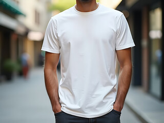 A plain white t-shirt mock up worn by a model in an urban setting.
