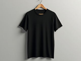 Plain black t-shirt mock up hanging against a wall.