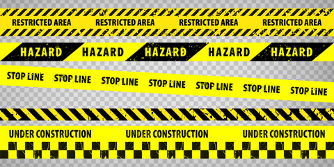 Black and yellow police stripe border, under construction, danger, warning, restricted area, caution tapes set. Set of danger caution grunge tapes.  Warning signs for your  design on transparent backg