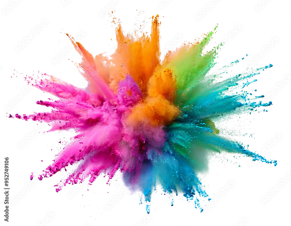 Wall mural A pink, orange, light green and light blue explosion smoke of holi paint color powder isolated on transparent or white background