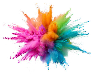 A pink, orange, light green and light blue explosion smoke of holi paint color powder isolated on transparent or white background