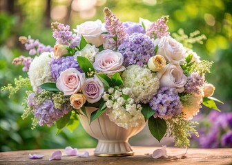 beautiful floral arrangement soft pastel colors classic elegance white lilac purple tones airy mix whimsical romantic vintage relaxed nature-inspired intricate delicate subtle simplicity