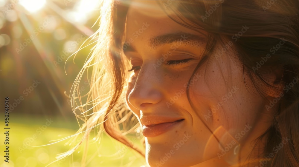 Canvas Prints Woman smiling in natural sunlight, soft park blur,