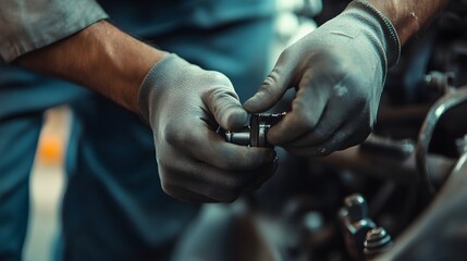 Close-up of a mechanic's hands as they tighten bolts on a vehicle's chassis, showcasing detailed craftsmanship
