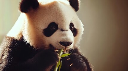 Fototapeta premium A close-up of a panda munching on bamboo, with its fluffy fur and expressive eyes against a light solid color background