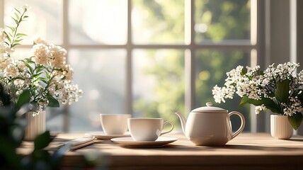 A table set for two with a teapot and cups, surrounded by soft morning light and fresh flowers, photorealistic, hyper-resolution, shared morning serenity