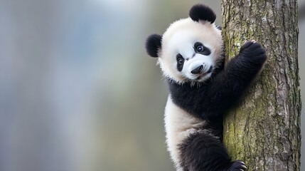 Obraz premium A playful panda cub climbing a tree, showcasing its black and white fur, set against a soft pastel backdrop