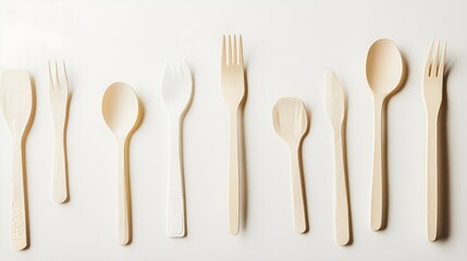 An array of disposable utensils including forks, spoons, and knives on a light solid color backdrop, emphasizing their eco-friendly nature