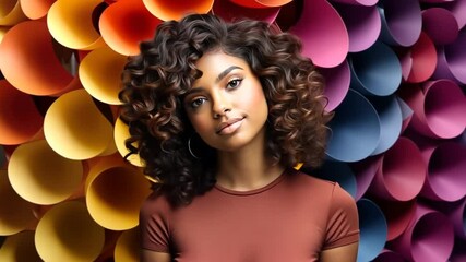 Young Black Woman With Curly Hair Poses Against a Colorful Backdrop Generative AI - Powered by Adobe