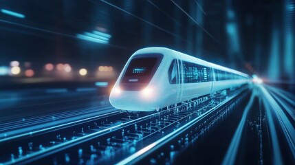 Obraz premium Futuristic train traveling through a high-speed tunnel, showcasing advanced technology and vibrant motion blur.