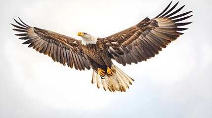 Fototapeta premium Majestic eagle soaring through the sky with wings fully extended against a light solid color background, showcasing its strength and grace