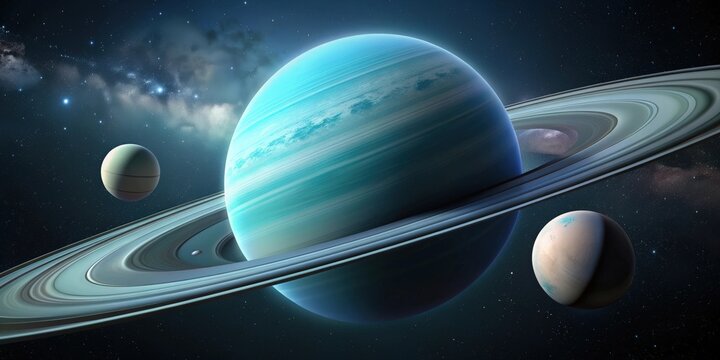 Uranus with its moons orbiting in space , Uranus, moons, orbit, space, celestial, planet, astronomy