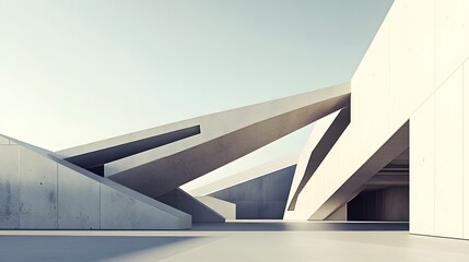 A minimalist architectural design featuring sharp angles and open spaces, set against a pale background