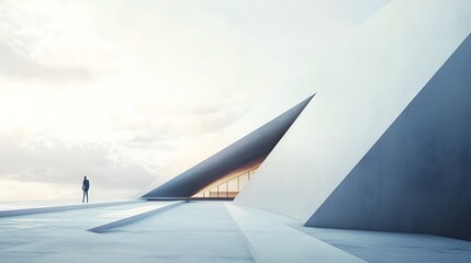 A minimalist architectural design featuring sharp angles and open spaces, set against a pale background