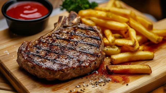 Steak, fries, veggies