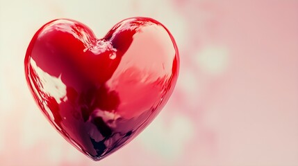 A close-up view of a glossy red love heart against a light pastel background, capturing the essence of love and affection
