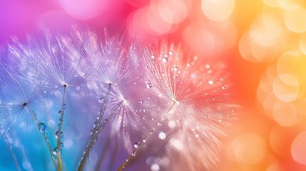 Dandelion seeds with water droplets on colorful backdrop