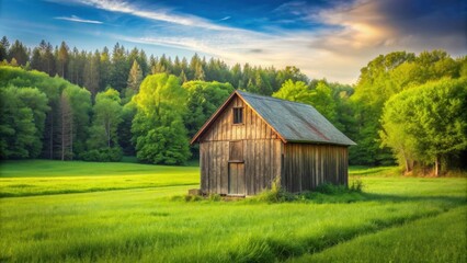 Obraz premium Small wooden barn house surrounded by green fields and trees, wooden, barn, house, country, rustic, quaint, cozy