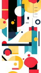 A bright and cheerful abstract design featuring bold, geometric shapes in various colors, set against a clean white backdrop to enhance visibility