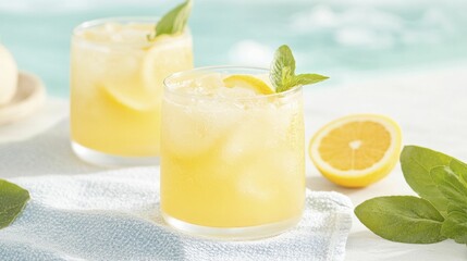 Fototapeta premium Citrus Cooler Joy Embraced by Sunlit Moments on a Relaxing Picnic Blanket by the Shore.