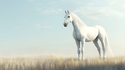 A majestic horse standing in a serene meadow with a light solid color background, showcasing its powerful physique and flowing mane