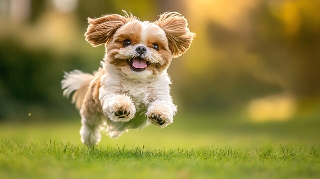 Shih Tzu running across a grassy field with a joyful expression
