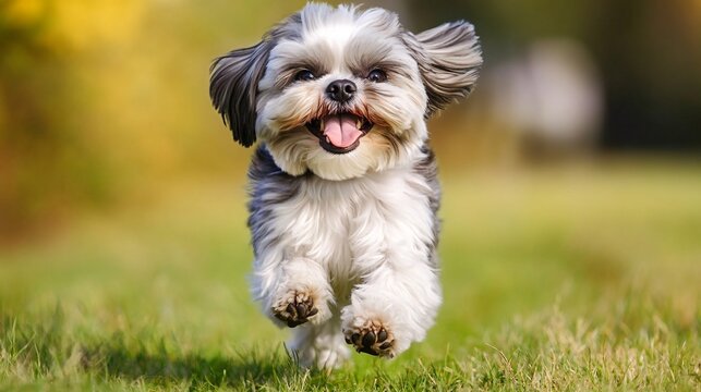 Shih Tzu running across a grassy field with a joyful expression