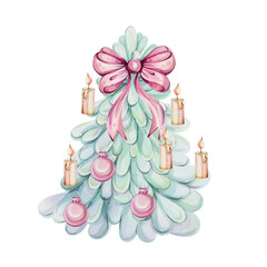 Watercolor green Christmas tree with bow, candle with fir and bow, isolated. Cartoon romantic style. For Merry Christmas winter card. Cute tree forest