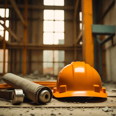 Fototapeta premium Construction Safety Gear on Worksite With Helmet