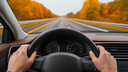 POV from inside a car on a highway, hands on the steering wheel, road ahead blurred by motion, autumn scenery